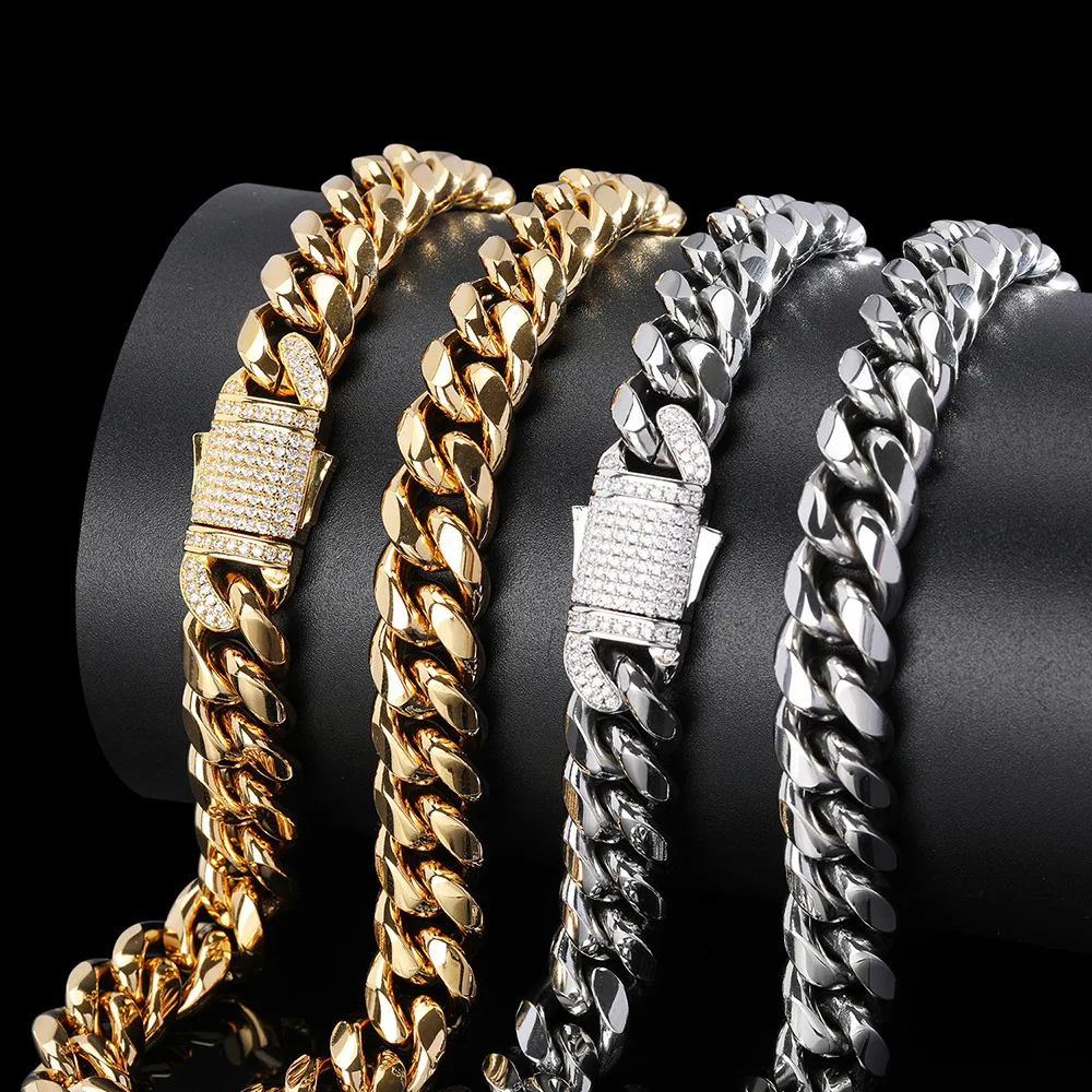 

HIP Hop Claw Set 3A+CZ Stone Bling Iced Out 12mm Stainless Steel Round Cuban Miami Link Chain Necklaces for Men Rapper Jewelry