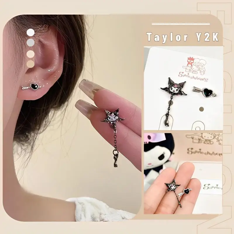 

2023 Sanrio Kuromi Earrings Cartoon Anime Fashion Dark Devil Love Asymmetric Girlfriend Ear Studs Y2K Spicy Girl Halloween Gift