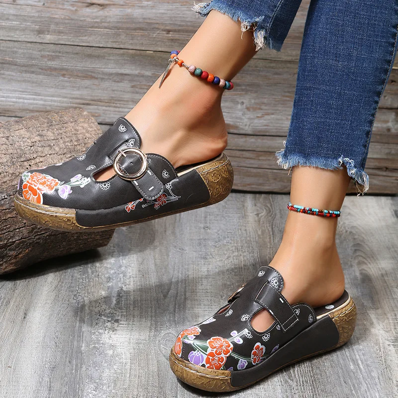 

BCEBYL 2023 New Outdoor Printed Baotou Wedge Slippers Women's Roman Platform Shoes Comfortable Summer Women's Sandals