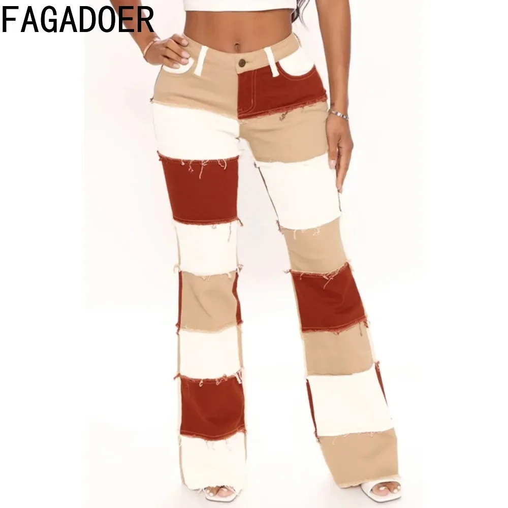 

FAGADOER Fashion Denim Color Patchwork Skinny Flared Pants Women High Waisted Button Jean Trousers Casual Female Cowboy Bottoms