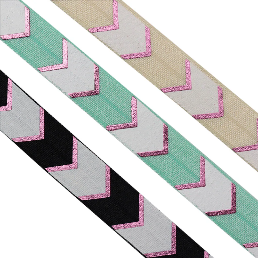 

5/8" 15MM Pink Foil Big Chevron With Ink Printed Fold Over Elastic FOE Ribbon For Headband Headwear Diy Decoration Sewing OEM