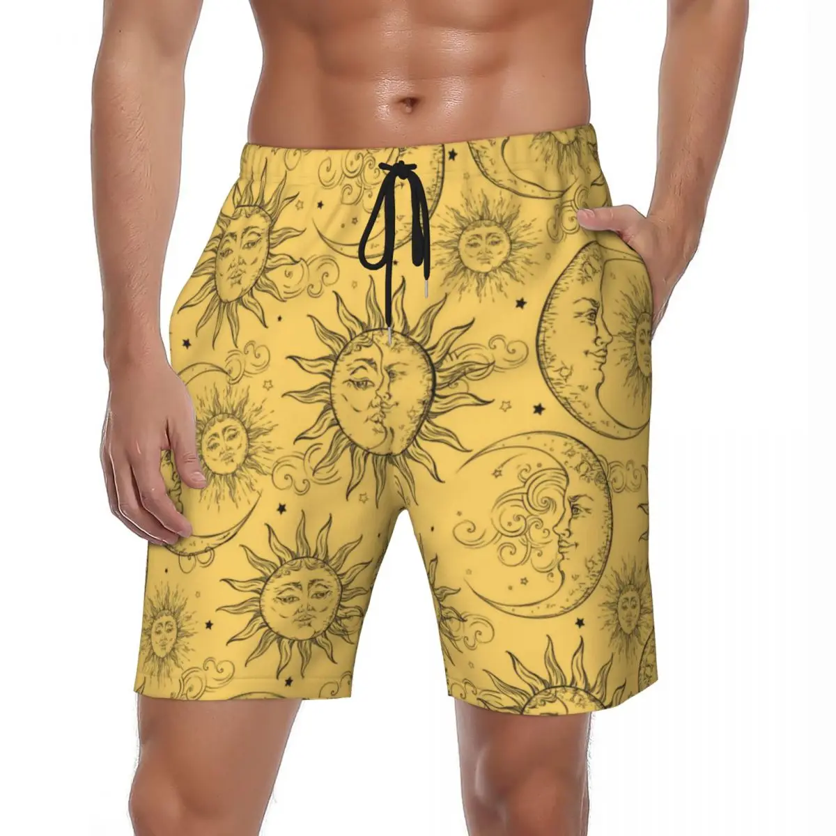 

Summer Board Shorts Men Celestial Sun Sports Surf Yellow Magic Moon Stars Beach Short Pants Hawaii Quick Dry Swimming Trunks