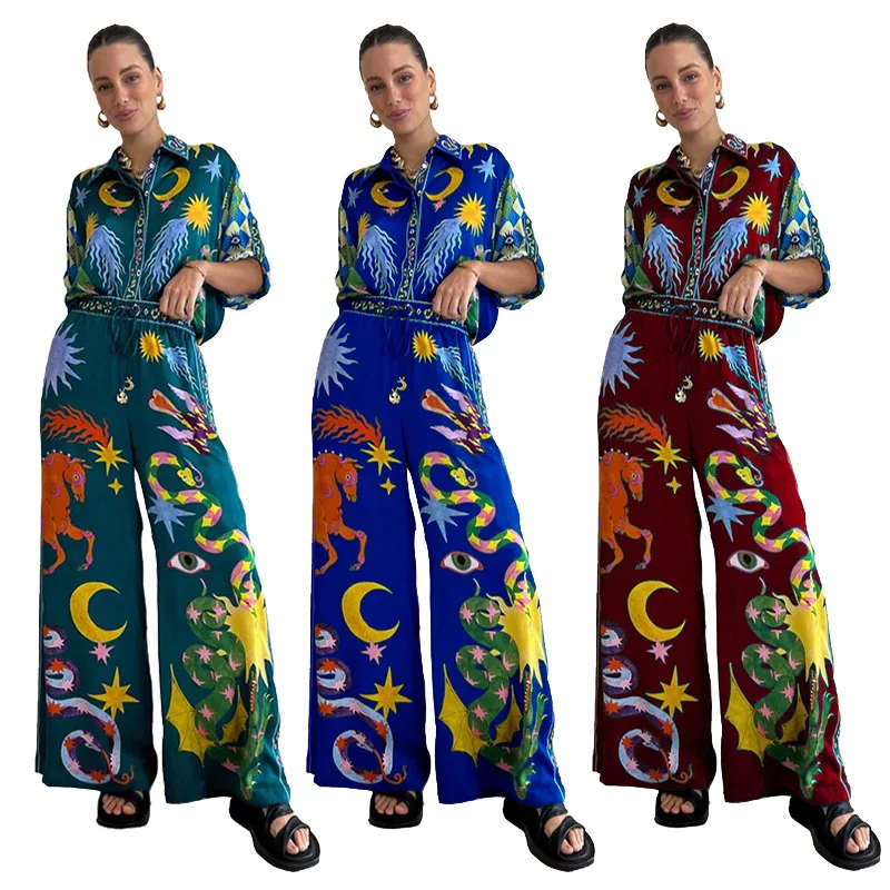 

Printing Causal Female Two Pieces Suits Loose Short Sleeve Top Wide Leg Pants Southeast Asian Style Summer Fashion Women's Sets
