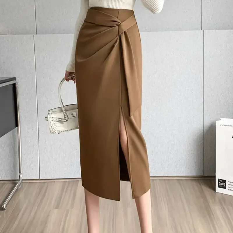 

Elegant Zipper Folds Bandage Slit Asymmetrical Skirts Women's Clothing 2024 Spring New Loose Solid Color Office Lady Skirts P708