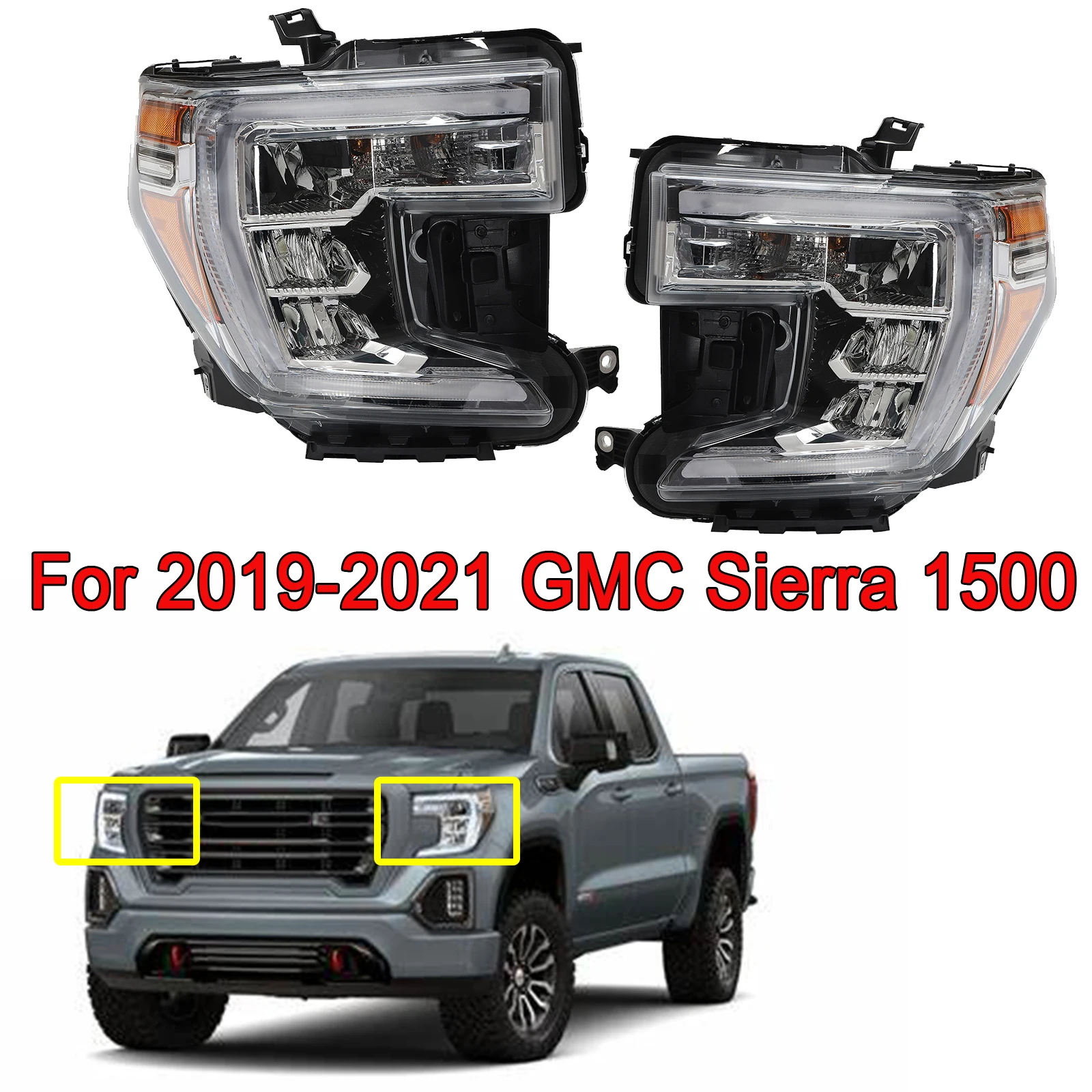 

Front Headlight Headlamp Assembly For GMC Sierra 1500 2019-2021 Halogen Lamp Driver Left Side/ Passenger Right Side/ Pair