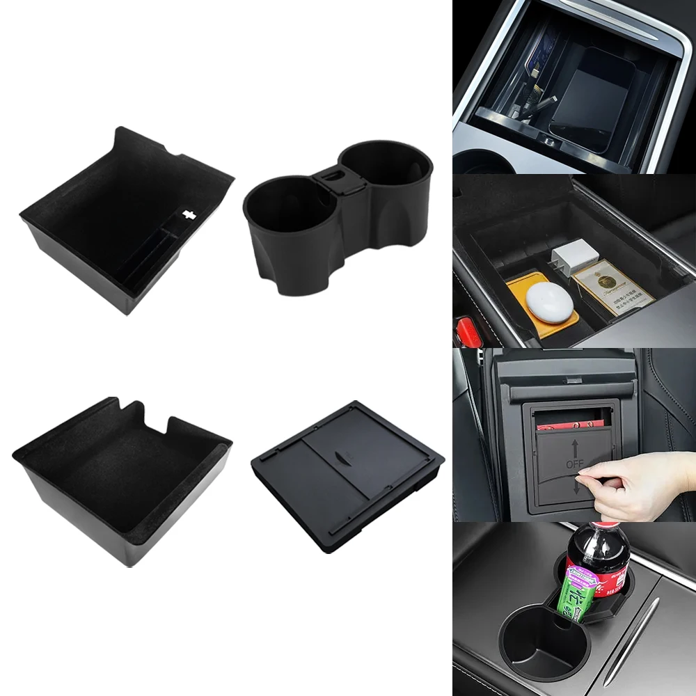 

For Tesla Model 3 Y Hidden Storage Box Car Center Console Armrest Front and Rear Flocking Layered Grid Organized Container Slide