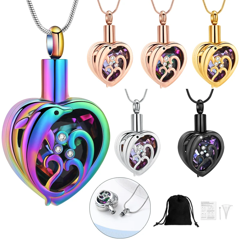 

Elegant Dolphin Memorial Jewelry Crystal Heart Ashes Pendant Cremation Urn Necklace For Ashes Stainless Steel Urns Keepsake