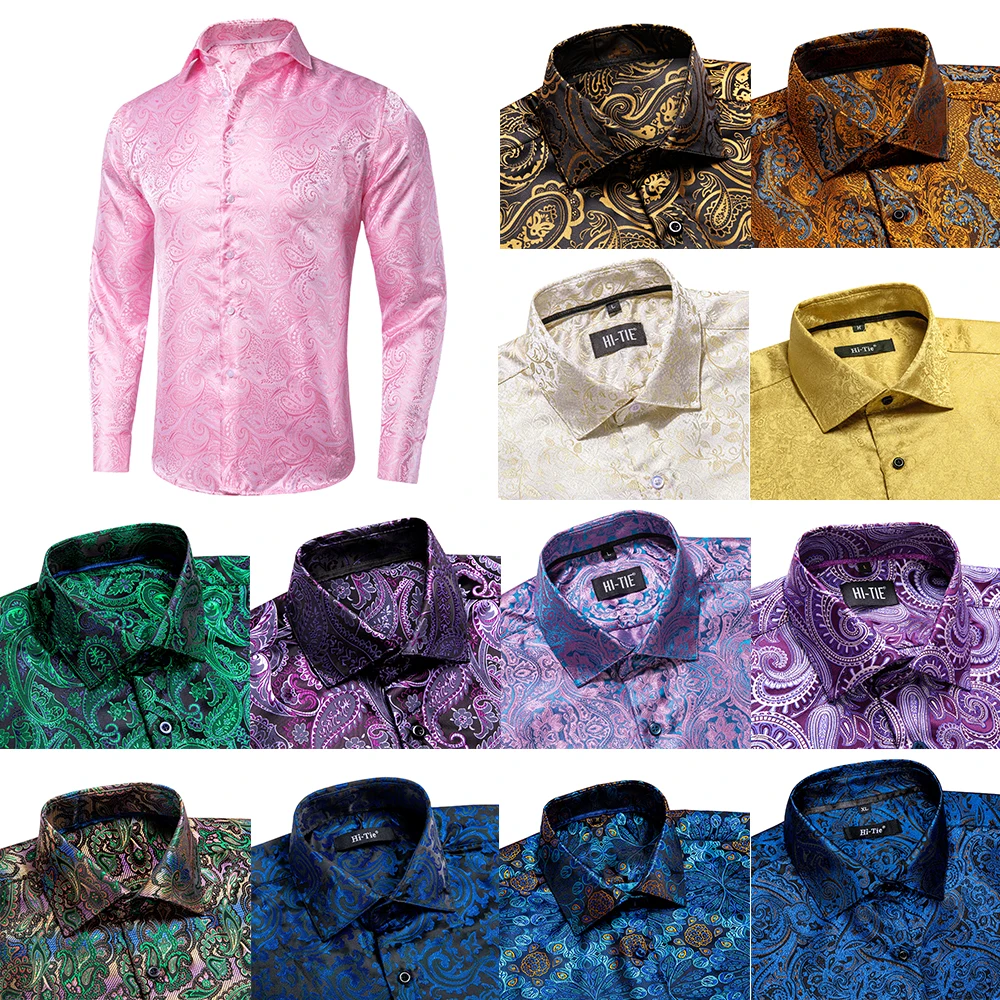 

Wedding Silk Men's Shirts Pink Paisley Long Sleeve Turndown Collar Slim Fit Shirt For Male High Quality Business Designer Hi-Tie