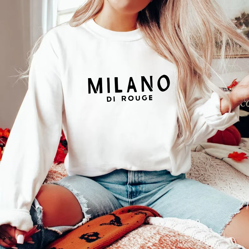 

Women Milano Letters Print Pullover Hoodies Fleece Warm Casual Sweatshirt Female Designer Loose Hoody Lady Round Neck Clothing