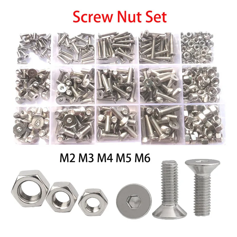 

Hex Socket Flat Hexagon Screw and Nut Set M2 M3 M4 M5 M6 304 Stainless Steel Metric Thread Countersunk Hexagon Bolt kit