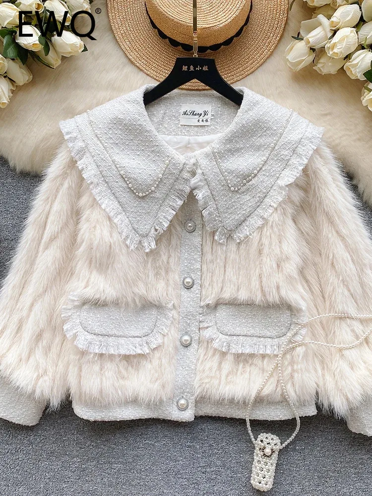 

EWQ Sweet Style Women Coat Peter Pan Collar Burr Single-breasted Patchwork Contrast Color Coats Winter Spring 2024 New 27SN4801