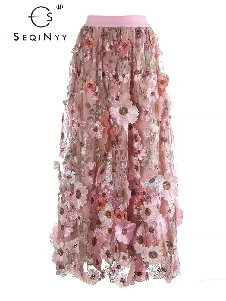 

SEQINYY Elegant Midi Dress Summer Spring New Fashion Design Women Runway Mesh Embroidery Flower Vintage High Street A-Line