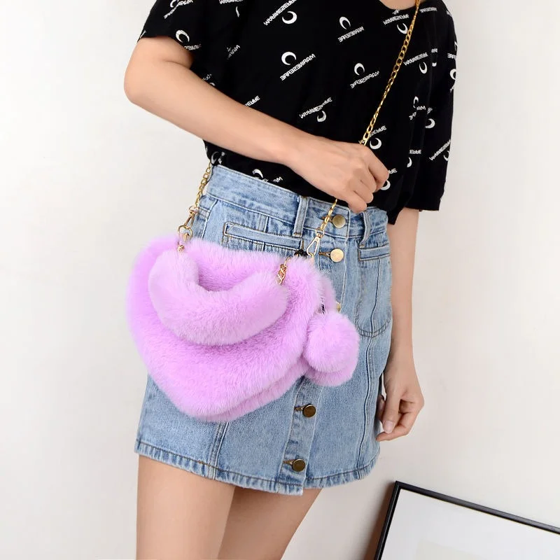 

Luxury Faux Fur Heart-shaped Women Small Handbags Fluffy Plush Ladies Chain Shoulder Bag Fashion Female Furry Daily Clutch Purse