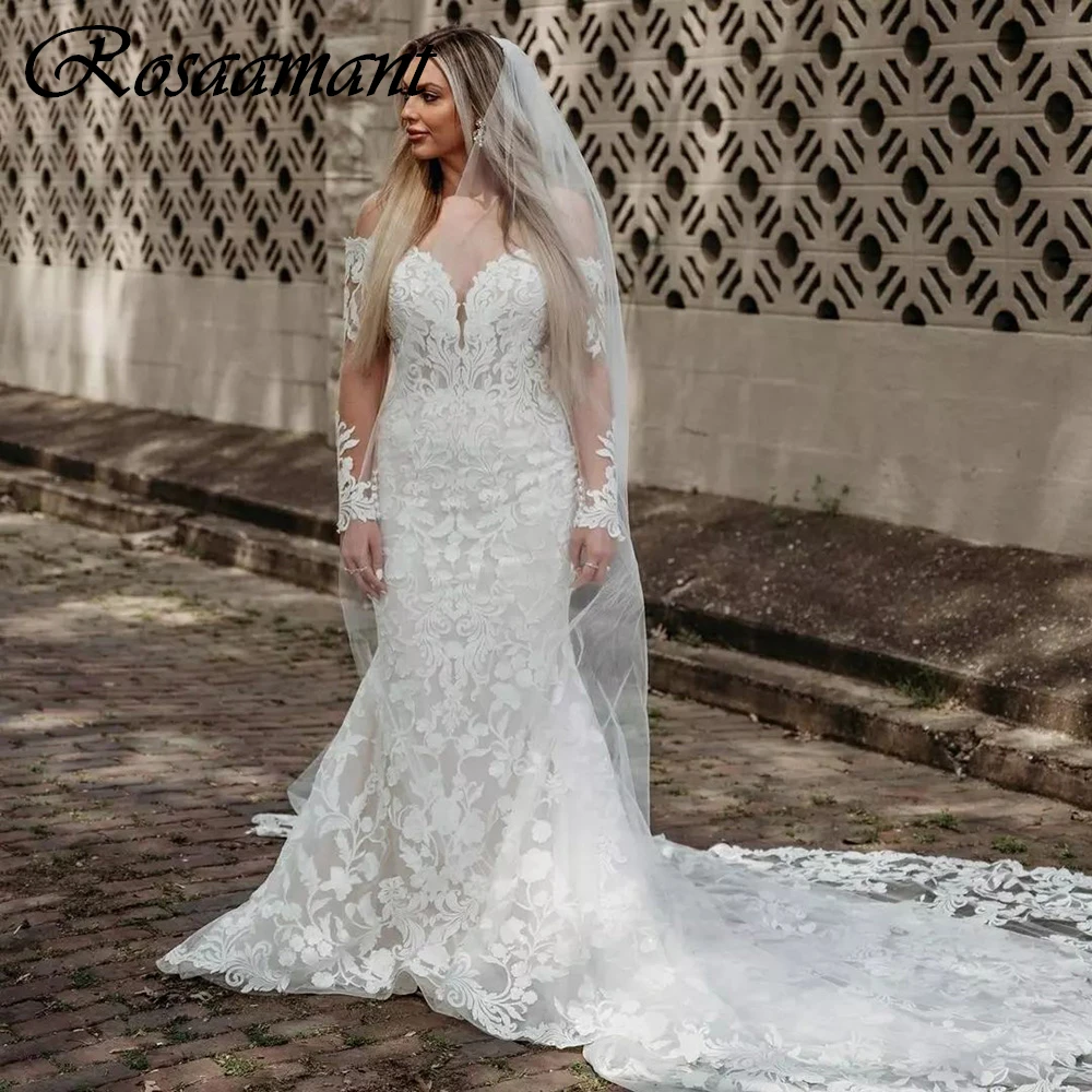 

Country Illusion Back Long Sleeve Mermaid Wedding Dresses Off The Shoulder Appliques Lace Bridal Gowns Robe De Mariée