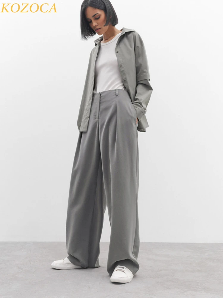 Kozoca New High Waist Office Lady Casual Grey Wide Leg with Pockets Pants Fashion Versatile Loose Fit Streetwear Women Trousers 
Kozoca New High Waist Office Lady Casual Grey Wide Leg with Pockets Pants Fashion Versatile Loose Fit Streetwear Women Trousers