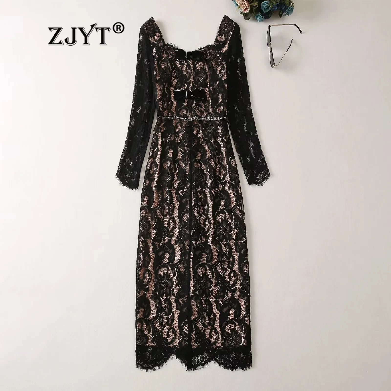 

ZJYT Beading Sexy Black Lace Dresses for Women Spring Elegant Long Sleeve Party Dress Square Collar Vestidos Para Mujer 2024 New