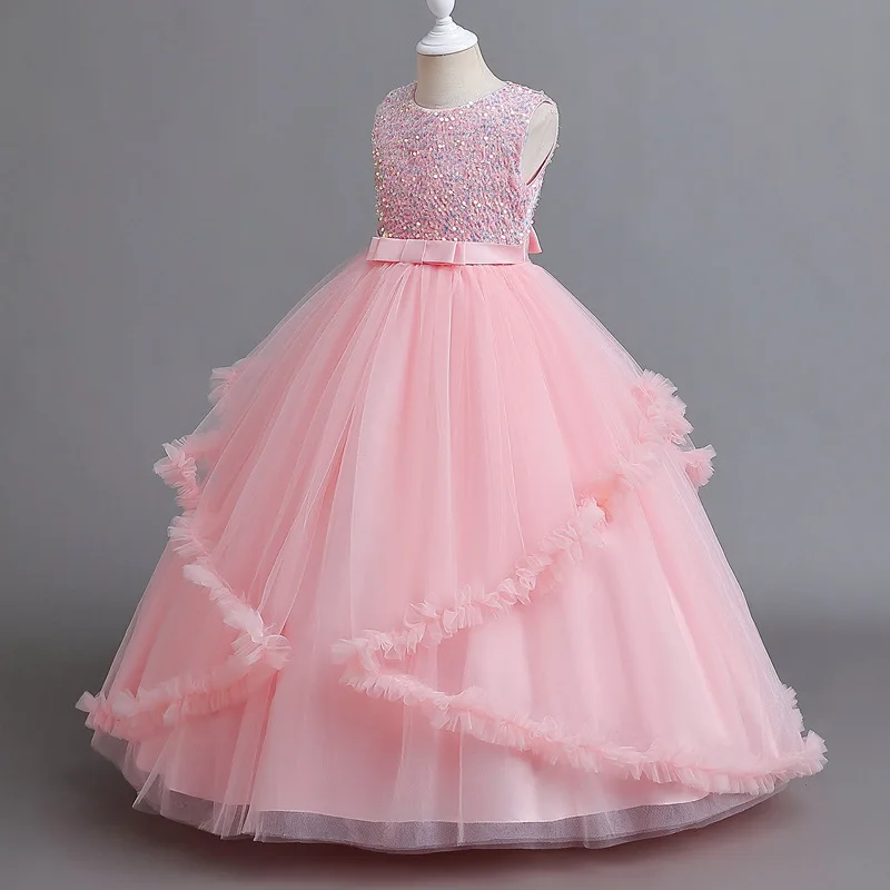 

Элегантное роскошное платье принцессы для молодых девушек, праздничное платье на свадьбу, Рождество, от 8 до 14 лет, женское длинное Тюлевое платье с розовыми блестками