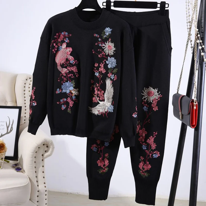 

Casual Women Black Knit Tracksuit Outfits Vintage Floral Bird Embroidered Pullover Sweater Pencil Pants Female Knitwear 2PC Sets