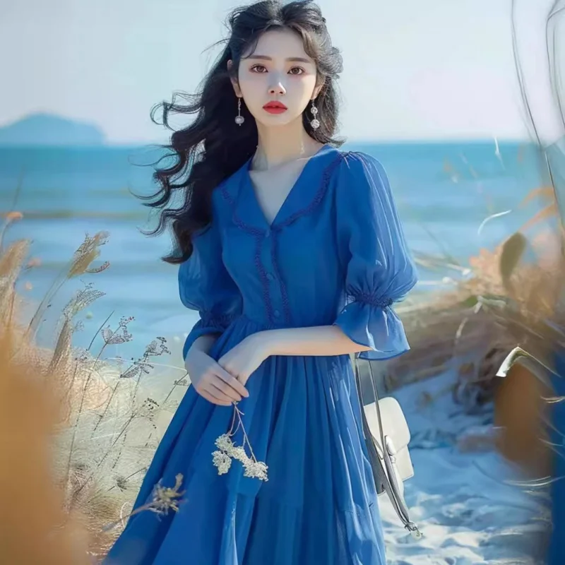French Tea Break Beautiful Blue Puff Sleeve Waist-Tight2024Summer New Seaside Holiday Temperament Long Dress
French Tea Break Beautiful Blue Puff Sleeve Waist-Tight2024Summer New Seaside Holiday Temperament Long Dress