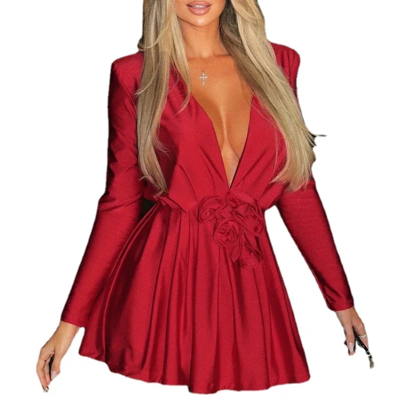 

Solid Pure Color Long Sleeves Mini Dress V-Neck Sexy Ruched 2023 Summer Autumn For Women Elegant Clubwear