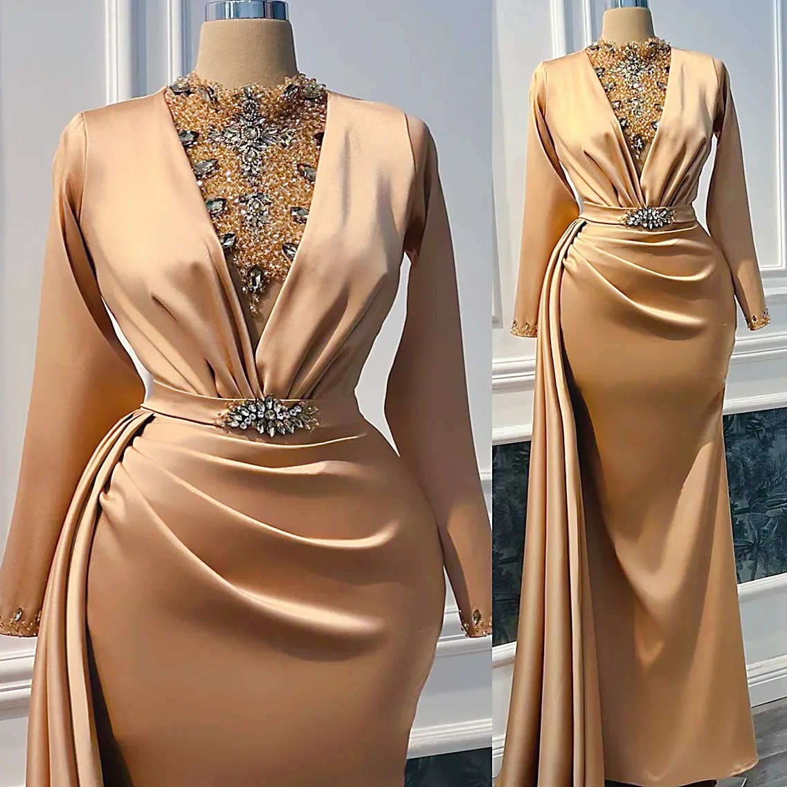 

2024 Plus Size Arabic Aso Ebi Mermaid Champagne Prom Dress Beads Evening Formal Party Second Reception Birthday Engagement Gowns