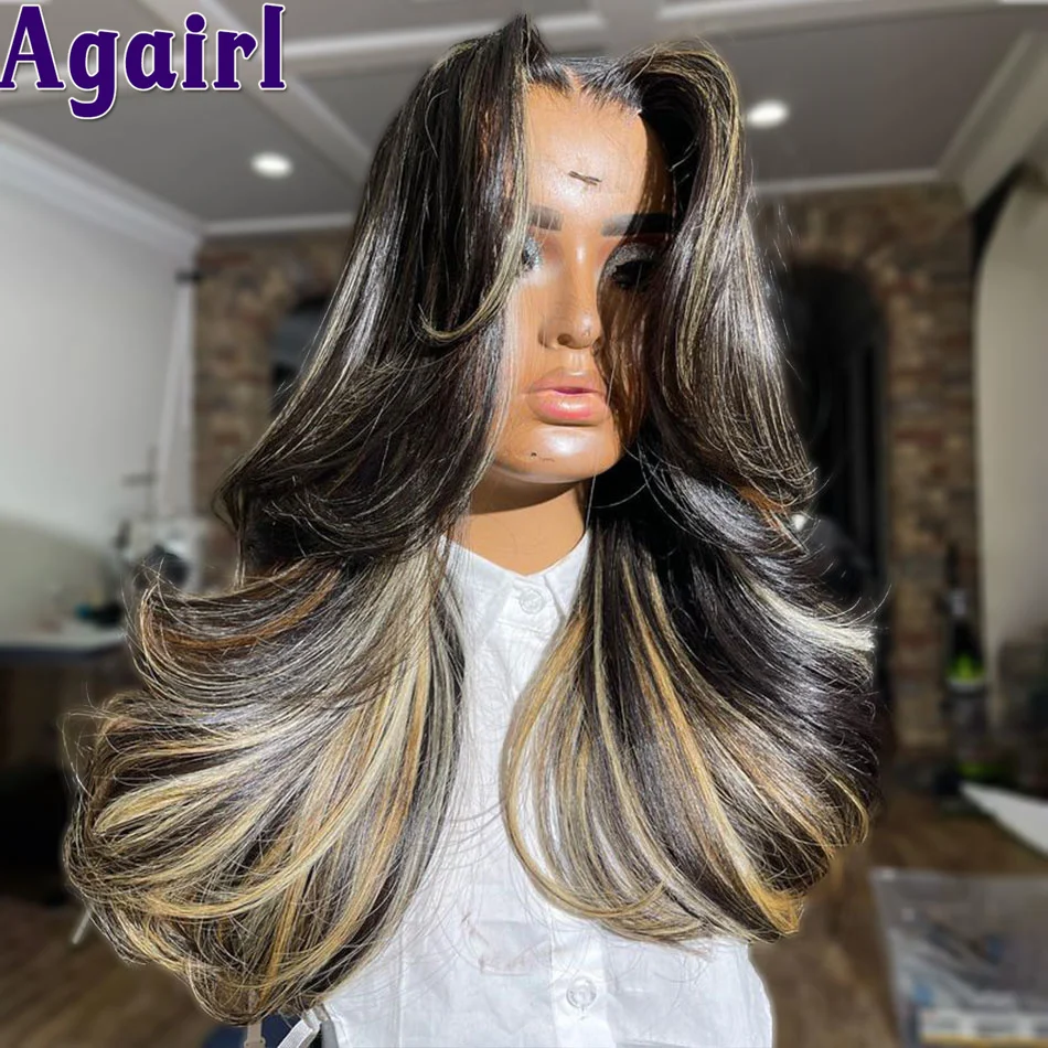 

34Inch 1B/27/30 Highlight Wavy Human Hair Lace Front Wig Brown Blonde 200% Glueless Ready To Go Colored Body Wave Wigs For Women