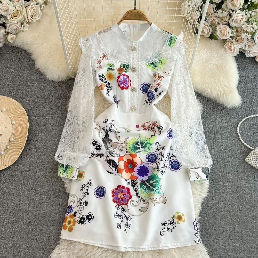 Women Summer Dress Runway Designer Lace Stitching See Through Lantern Sleeve Stand Collar Fashion Mini Dress Vestidos N8243
Women Summer Dress Runway Designer Lace Stitching See Through Lantern Sleeve Stand Collar Fashion Mini Dress Vestidos N8243