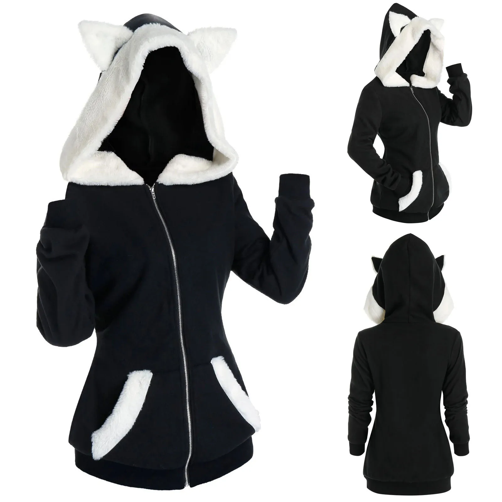 

Up Ear Unisex Insert Sleeve Faux Zip Sweatshirt Hoodie Cosplay Cat Long Women's Blouse Woman Tops Comfy Long Sleeve