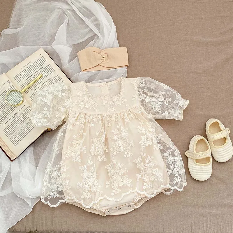 

2023 Summer Princess Baby Dress Romper 0-24Months Newborn Girls Short Sleeve Lace Embroidery Skirted Bodysuit Party Clothes