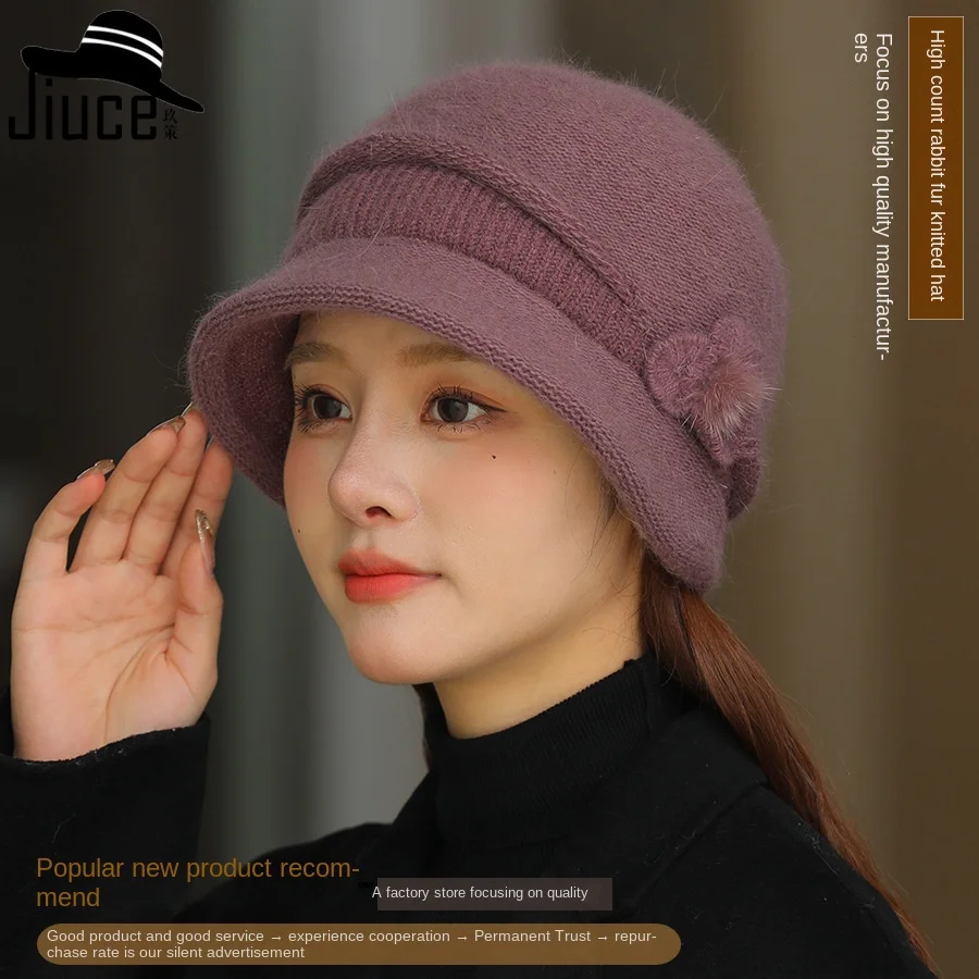 

Middle Aged Elderly Women Knitted Hat Winter Rabbit Hair Basin Cap Fashion Foreign Mothers Fisherman Hats Plush Warm Youthful