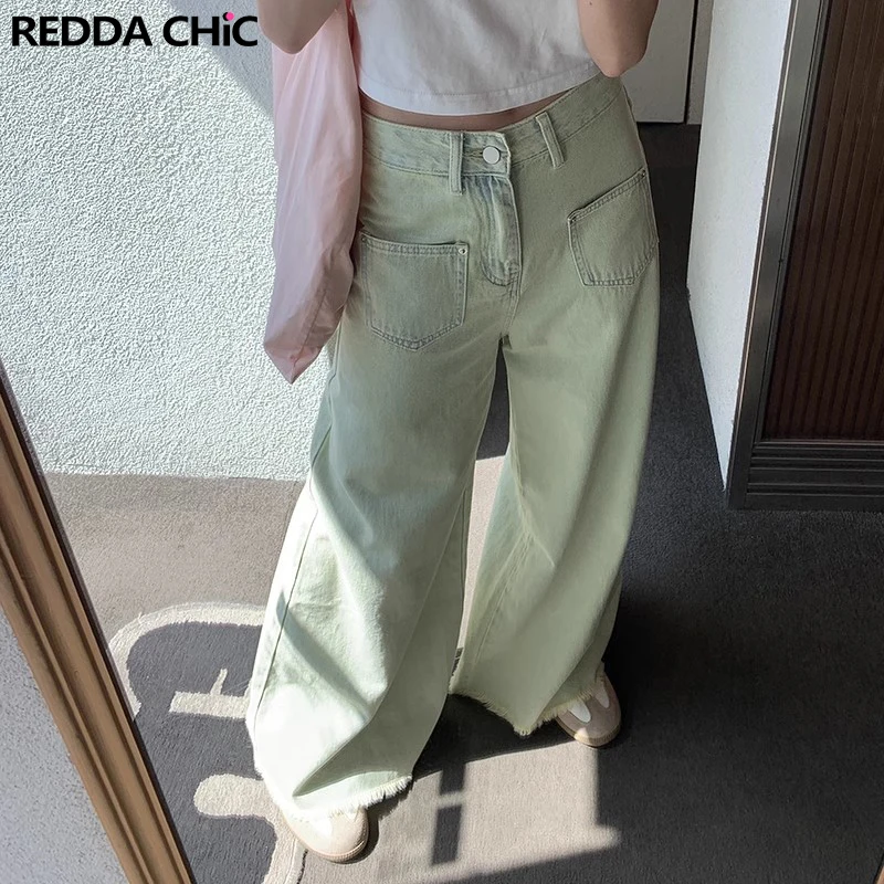 

ReddaChic 90s Skater Women Baggy Jeans Basic Plain Green Frayed Raw Edge Wide Leg Oversize Denim Pants Summer Y2k Acubi Fashion