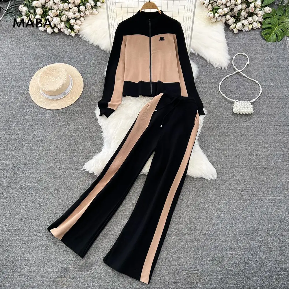 Elegant Casual Women Outfits Set With Long Sleeved Contrast Color Stand Neck Zipper Knitting Top And Wide Leg Pants Autumn Suits
Elegant Casual Women Outfits Set With Long Sleeved Contrast Color Stand Neck Zipper Knitting Top And Wide Leg Pants Autumn Suits
