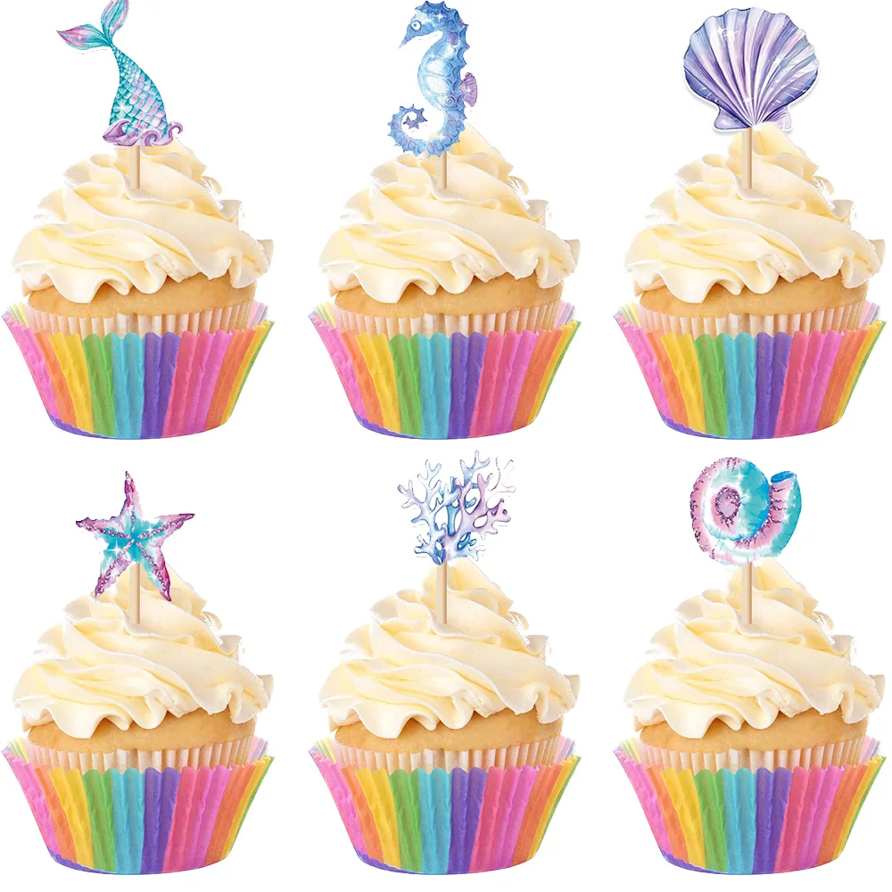 

24 Pieces Mermaid Cake and Cupcake Toppers Mermaid Under The Sea Theme Girls Birthday Baby Shower Party Decor sirena