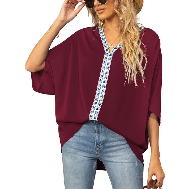 

11 Colors Summer Pullover Vinatge Solid Chiffon Shirt Blouse Women Casual V Neck Loose Bat Sleeve Oversize T-Shirt Female Blusas