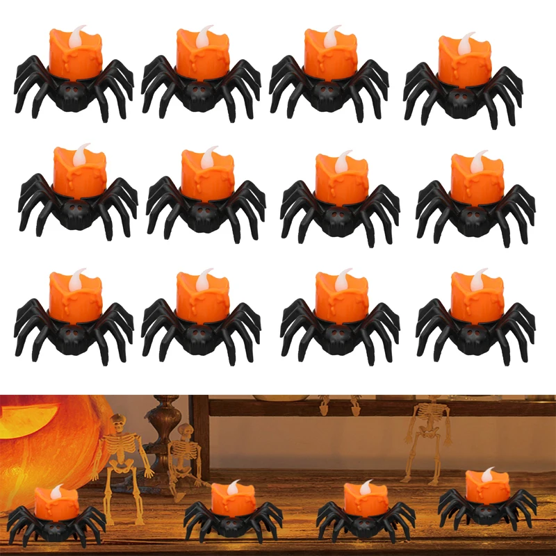 

12Pcs LED Candle Light Plastic Spider Pumpkin Lamp For Home Bar Haunted House Halloween Party Decor Horror Props Halloween Decor