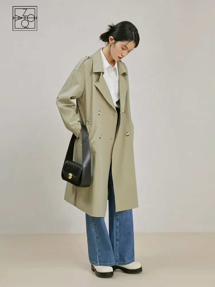 

ZIQIAO Classic Double Breasted British Trench Coat 2023 Spring Turn-Down Collar Temperament Straight Casual Women Long Trench