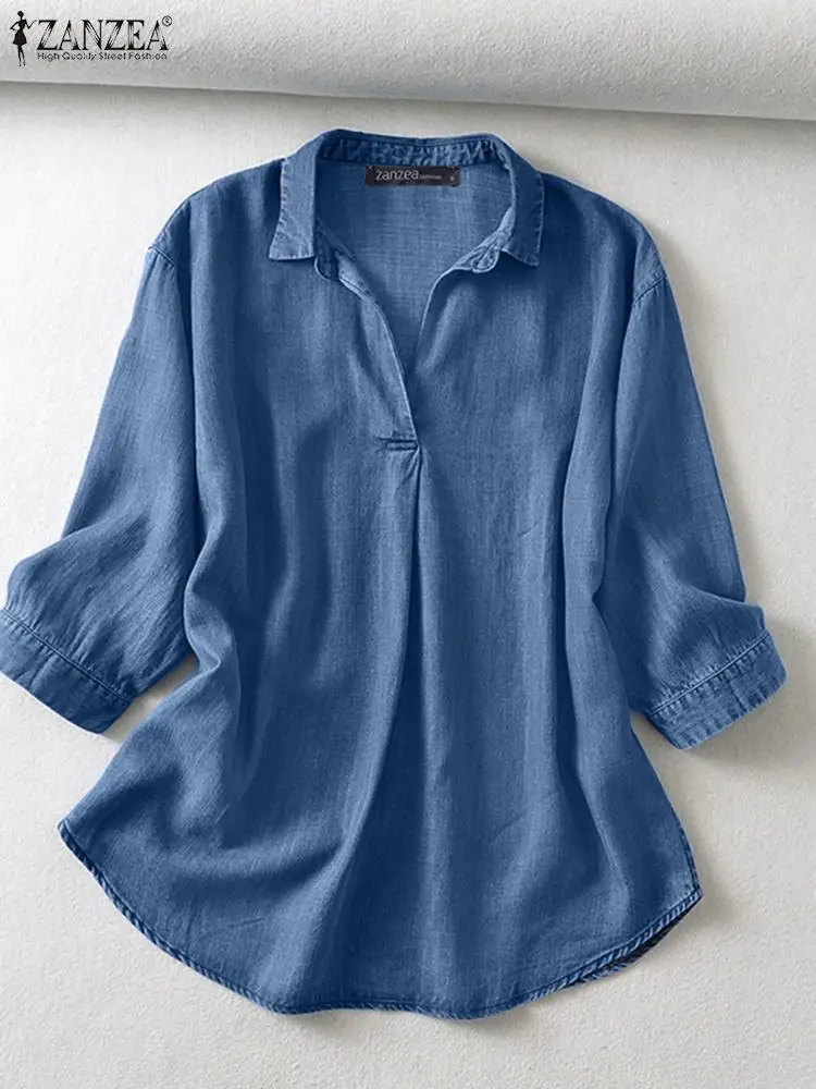 

Блузка ZANZEA женская джинсовая с воротником с лацканами и рукавом 3/4, элегантная однотонная Повседневная свободная туника, офисная одежда