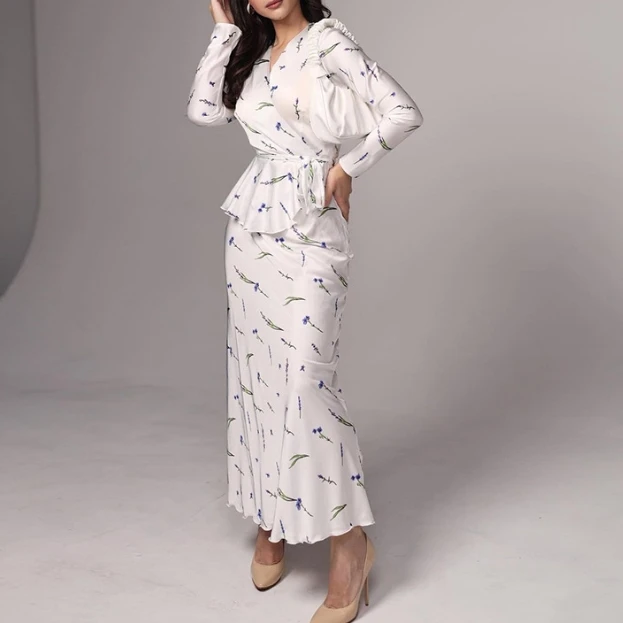 

Women Casual Dress Elegant Pullover V-neck Long Sleeve Sweet Printed Ruffle High Waisted Tie Details Wrapped Buttocks Maxi Dress