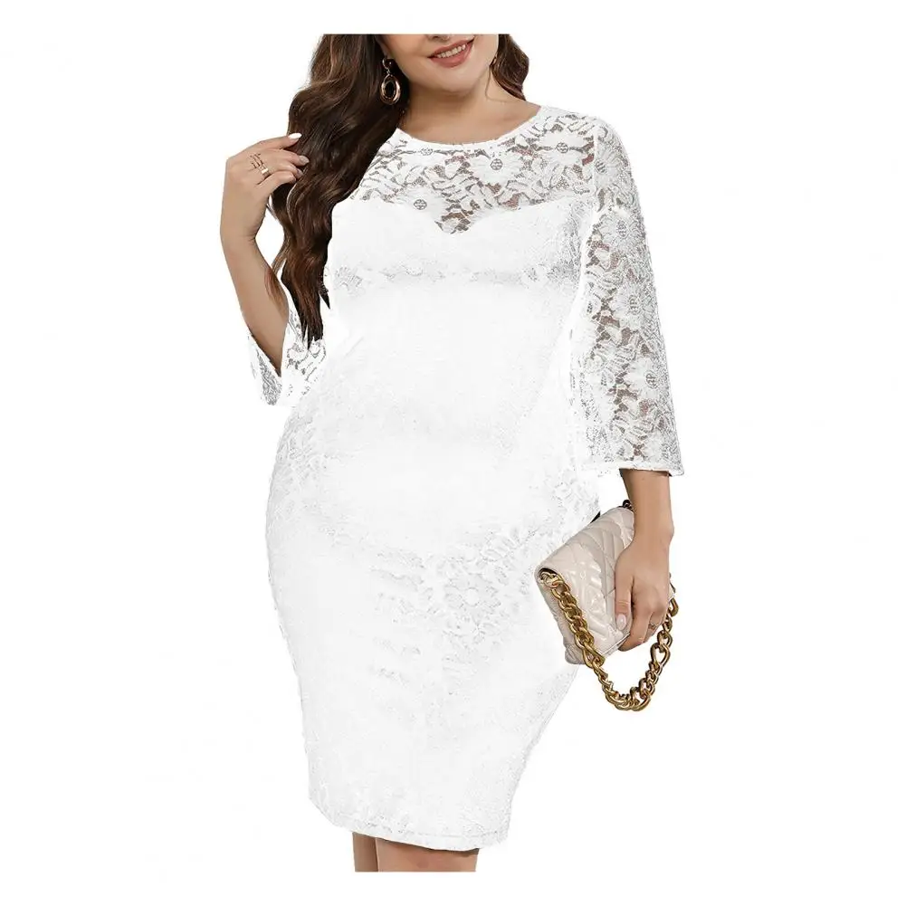 

Cutout Style Dress Elegant Lace Embroidered Sheath Dress for Women's Prom Party Banquet in Plus Size with Three Quarter Sleeves