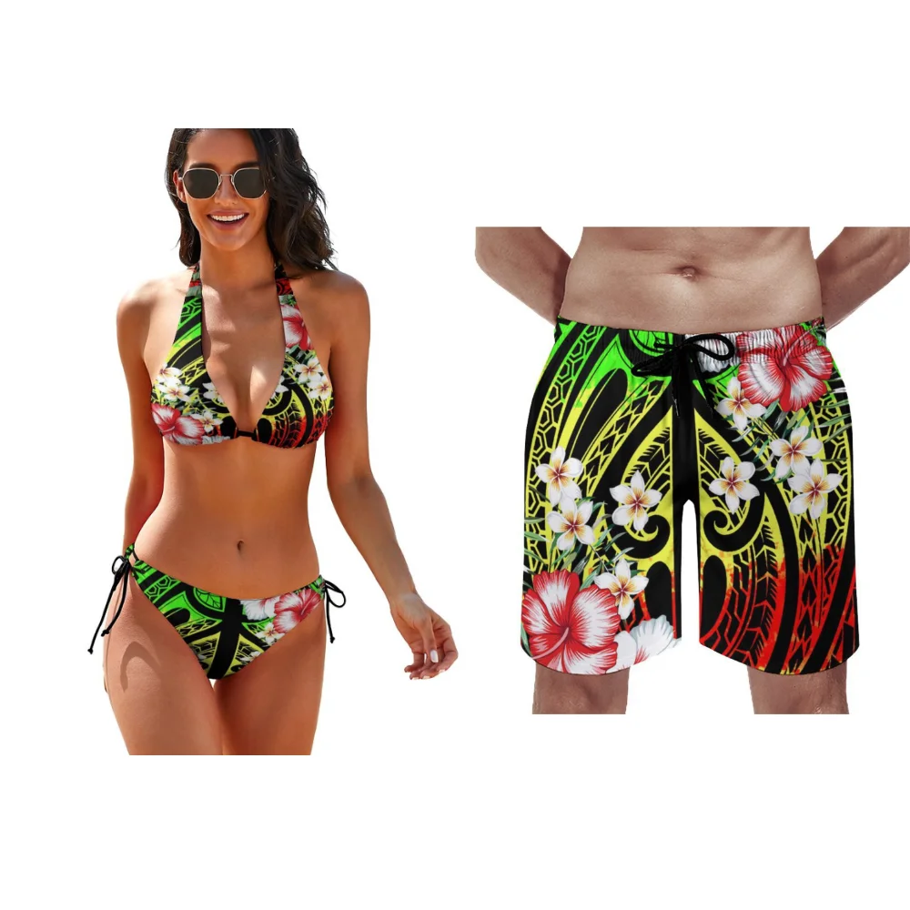 

2023 New Polynesian Tribal Design Women's Strappy Bikini With Chest Pad Men's Beach Board Shorts Custom Pattern Couple Swimwear