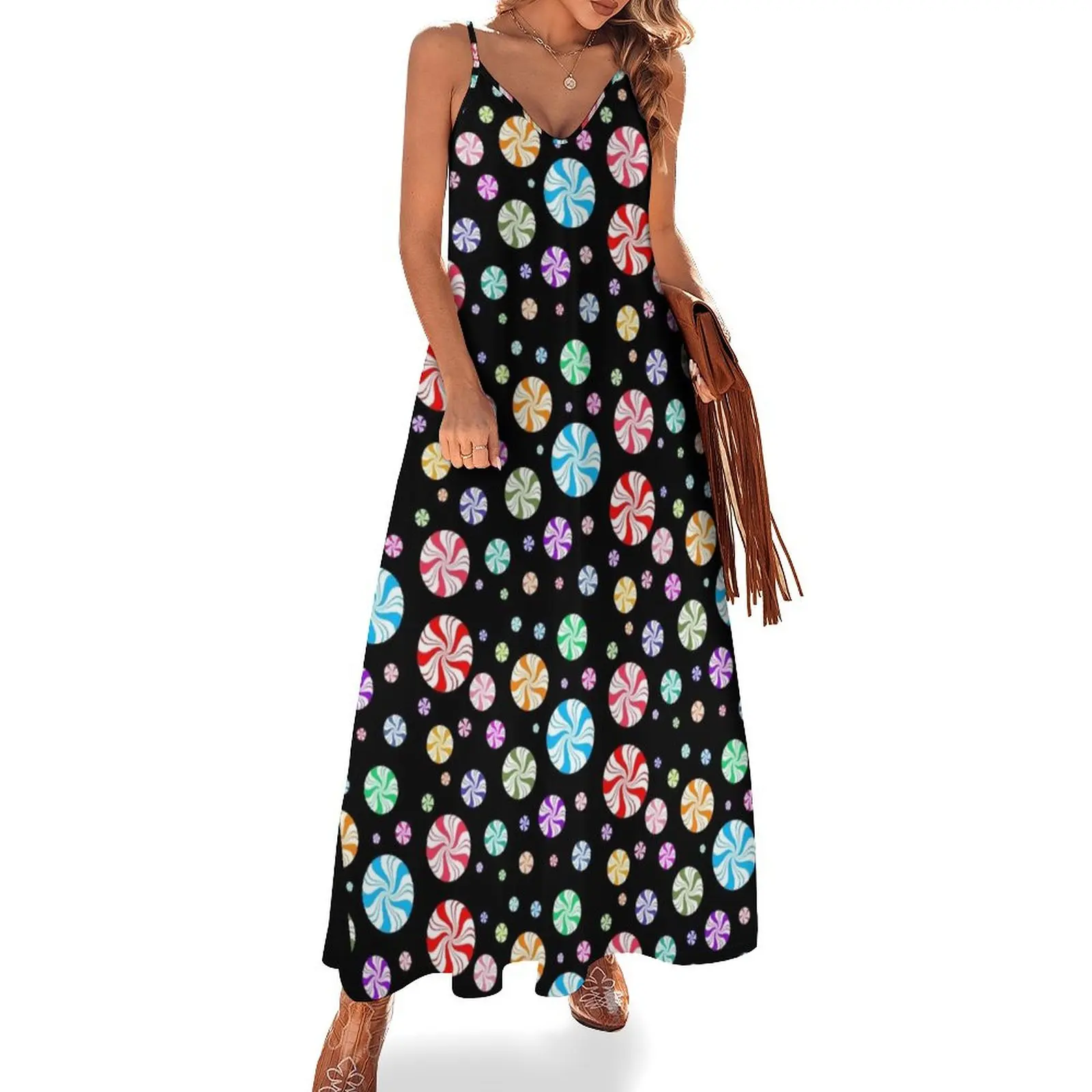 

Colorful Rainbow Round Peppermint Holiday Pattern Sleeveless Dress cute dress women long dresses