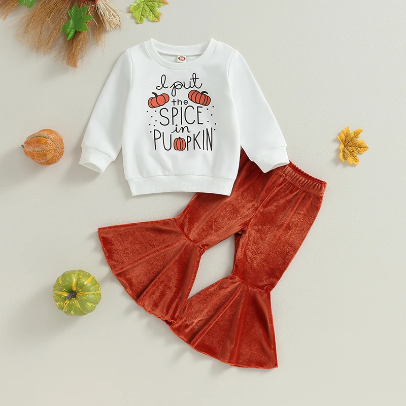 

2023-06-15 Lioraitiin 0-4Years Kid Girls 2Pcs Halloween Clothes Set Pumpkin Letters Print Sweatshirt Flare Pants Clothes