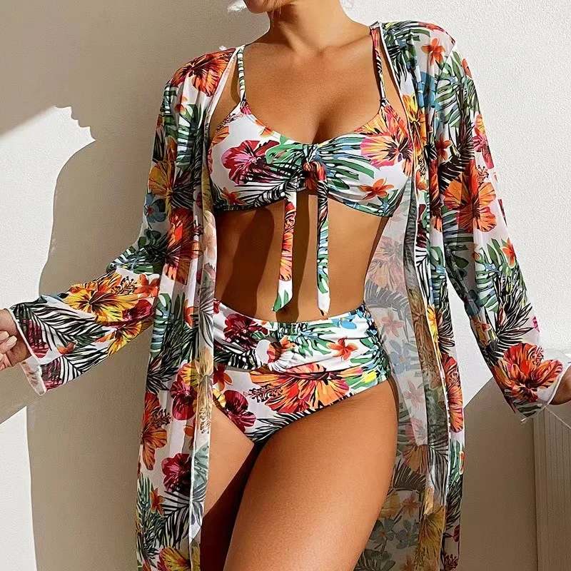 Sexy High Waisted Bikini Three Pieces Floral Print Swimsuit Korean Women Push Up Swimwear Set with Mesh Long-Sleeved Blouse 수영복
Sexy High Waisted Bikini Three Pieces Floral Print Swimsuit Korean Women Push Up Swimwear Set with Mesh Long-Sleeved Blouse 수영복
