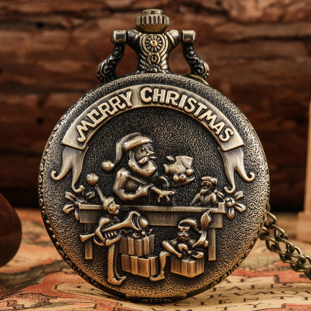 

Merry Christmas Quartz Pocket Watch with Bronze Necklace Chain Retro Gift Men Women Arabic Numerals Dial Pendant Timepiece