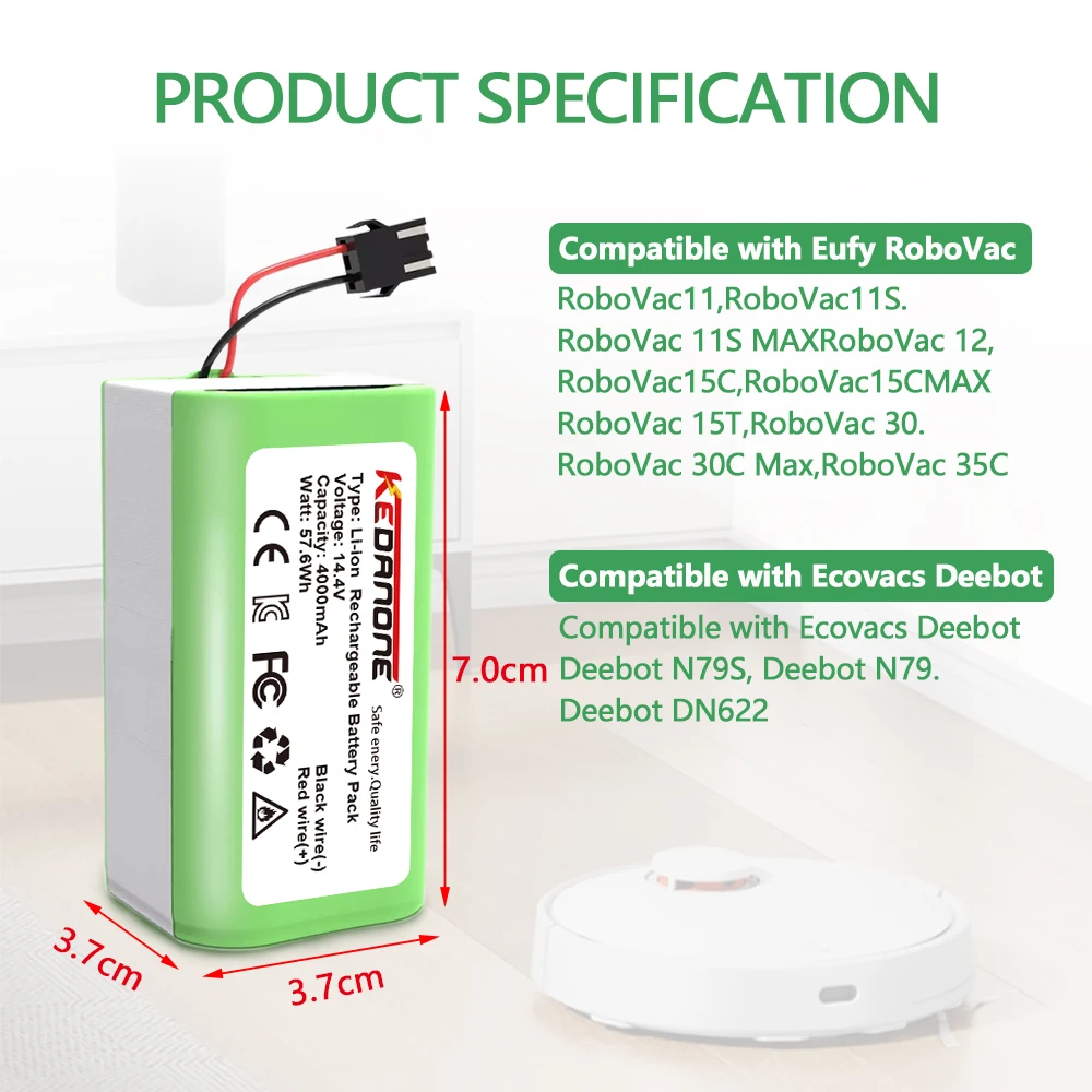 Lithium ion battery for Conga 990, 1090, Tesvor X500, Ecovacs, Deebot N79, N79S, DN622, Eufy, RoboVac 11, 11S, RoboVac 30 etc.
Lithium ion battery for Conga 990, 1090, Tesvor X500, Ecovacs, Deebot N79, N79S, DN622, Eufy, RoboVac 11, 11S, RoboVac 30 etc.