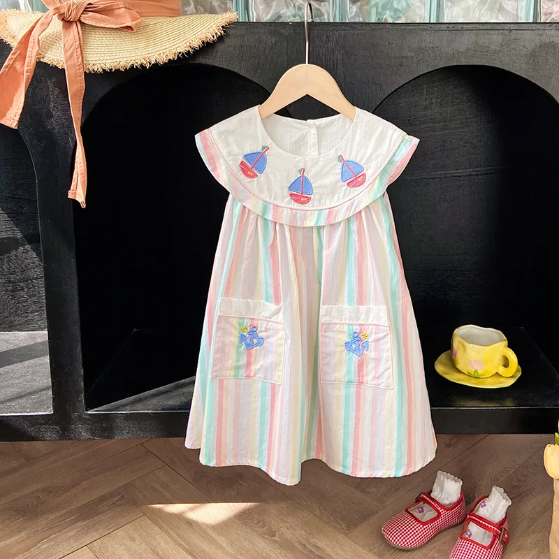 South Korea Children's Wear Colorful Striped Sailing Embroidered Girl's dress 2023 Summer Navy Style Sleepless Dress
South Korea Children's Wear Colorful Striped Sailing Embroidered Girl's dress 2023 Summer Navy Style Sleepless Dress