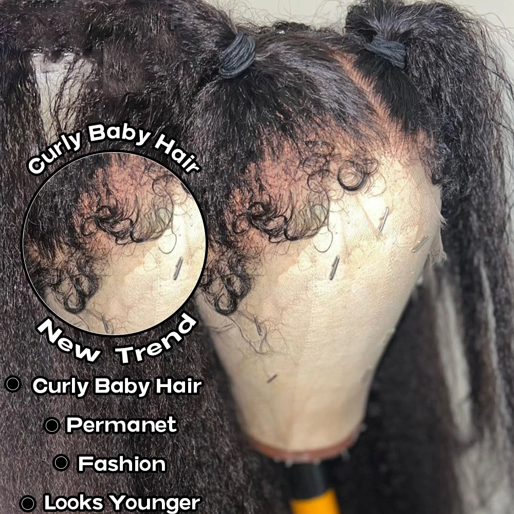 

Kinky Straight Human Hair Wigs 13X4 13X6 Transparent Lace Frontal Wigs Pre Plucked 180% Yaki Straight Wig with Curly Baby Hair
