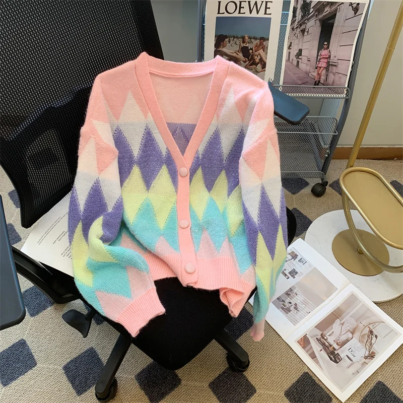 

Contrast Argyle V-Neck Sweater Salt Style Lazy Style Cardigan Women 2024 Spring New Casual Long Sleeved Cotton Wool Knitted Top