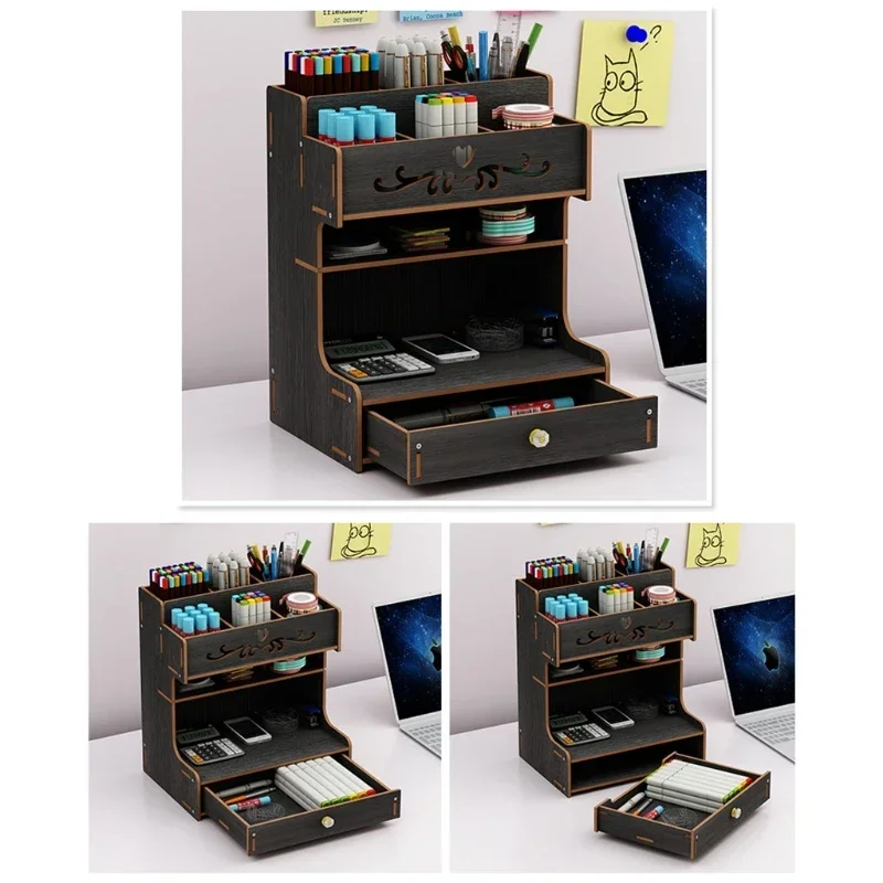 

Art Wooden Pen Office Drawer Stationary Desktop Box Multi-functional Organizer Home Supplies Pencil Holder With Rack