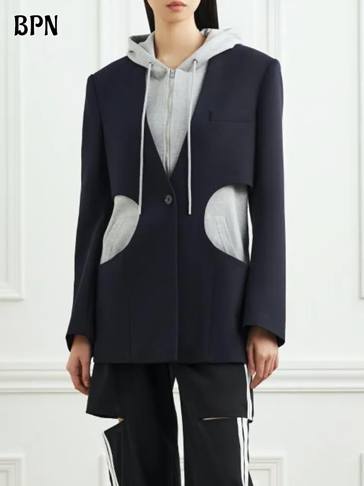 BPN casual patchwork blazers for women hooded collar long sleeve patchwork drawstring colorblock blazer female fashion clothing
BPN casual patchwork blazers for women hooded collar long sleeve patchwork drawstring colorblock blazer female fashion clothing